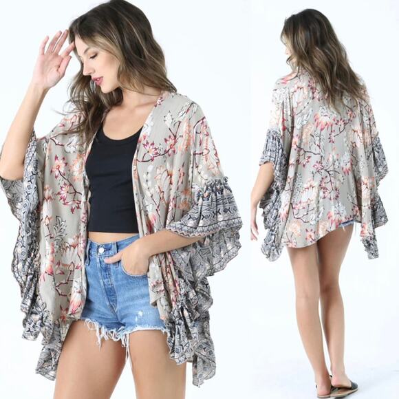 ANGIE Women's Sm Open Front Kimono Top Floral Ruffle Tim Taupe Coral Oversized - Picture 1 of 16